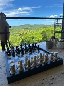 A chessboard sits on a terrace overlooking green wooded hills.