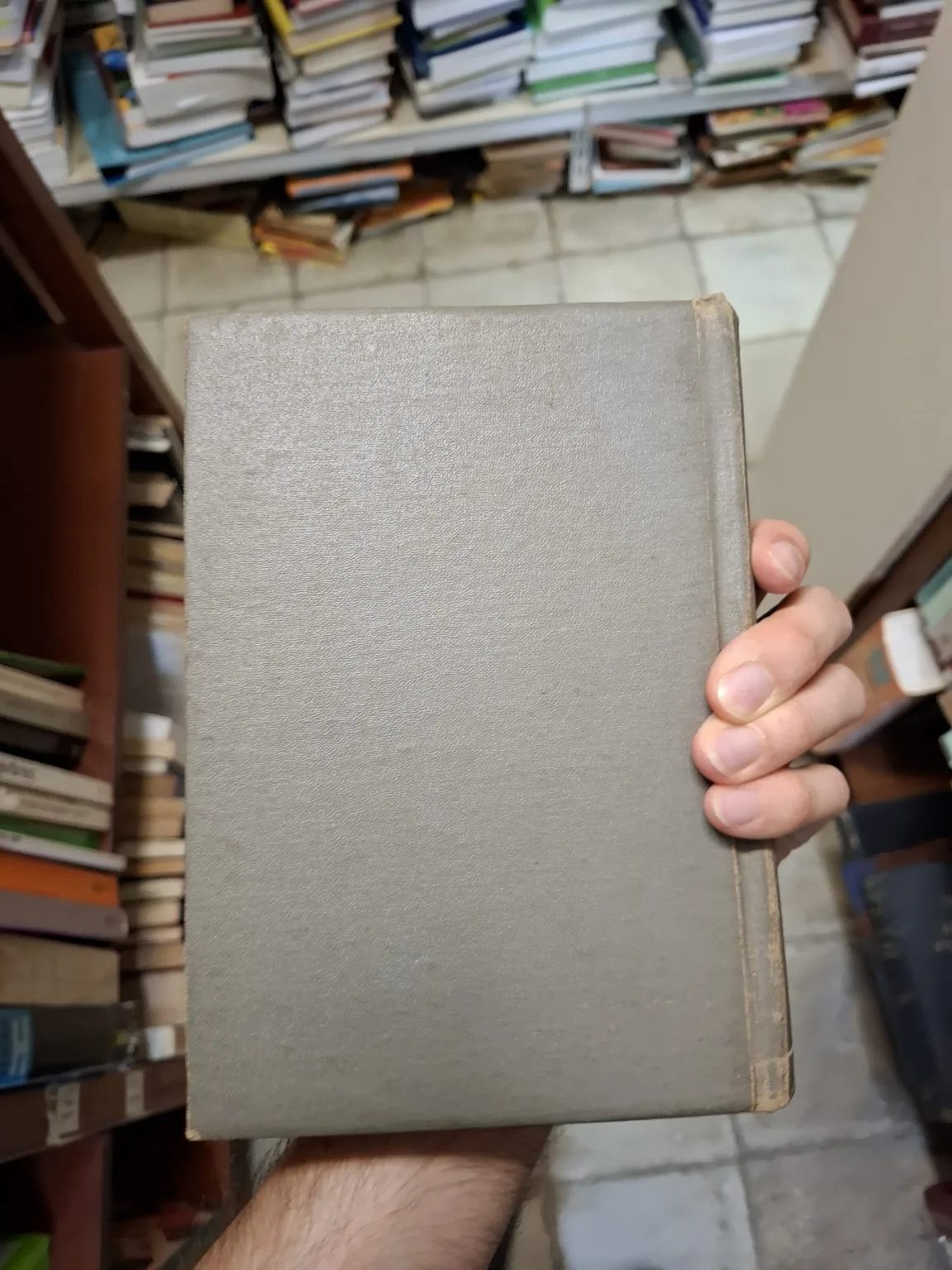 A hand holding the back cover of a gray hardcover book in a bookstore.