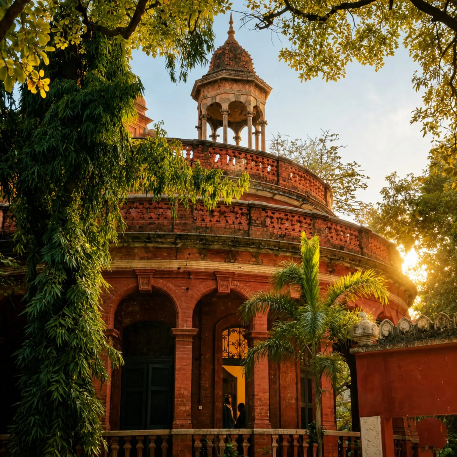 An exterior view of the historic, red brick Indo-Saracenic architecture of the Government Museum in Chennai.